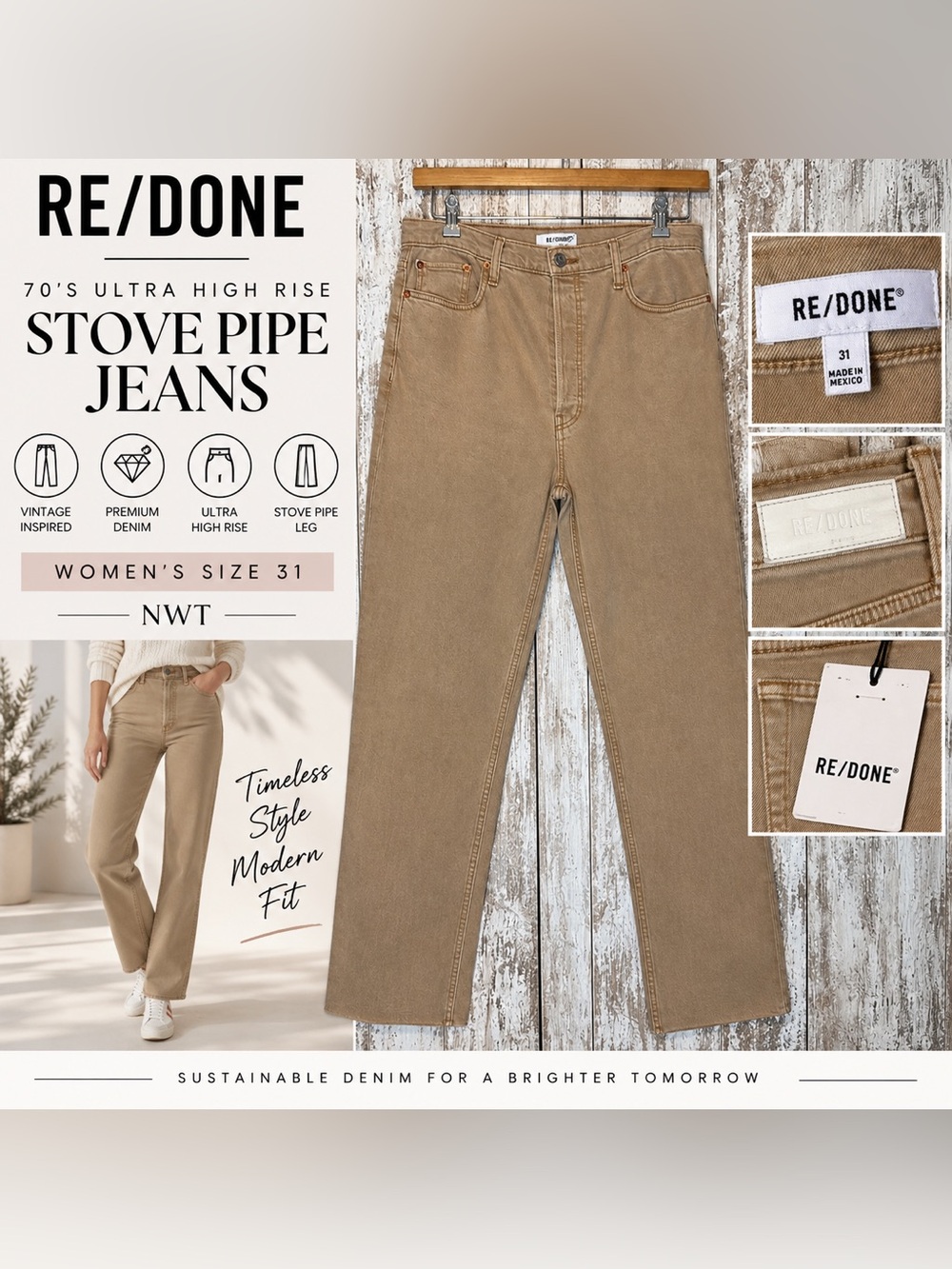 RE/DONE 70s Ultra High Rise Stove Pipe Jeans Women’s 31 Tan Brown NWT